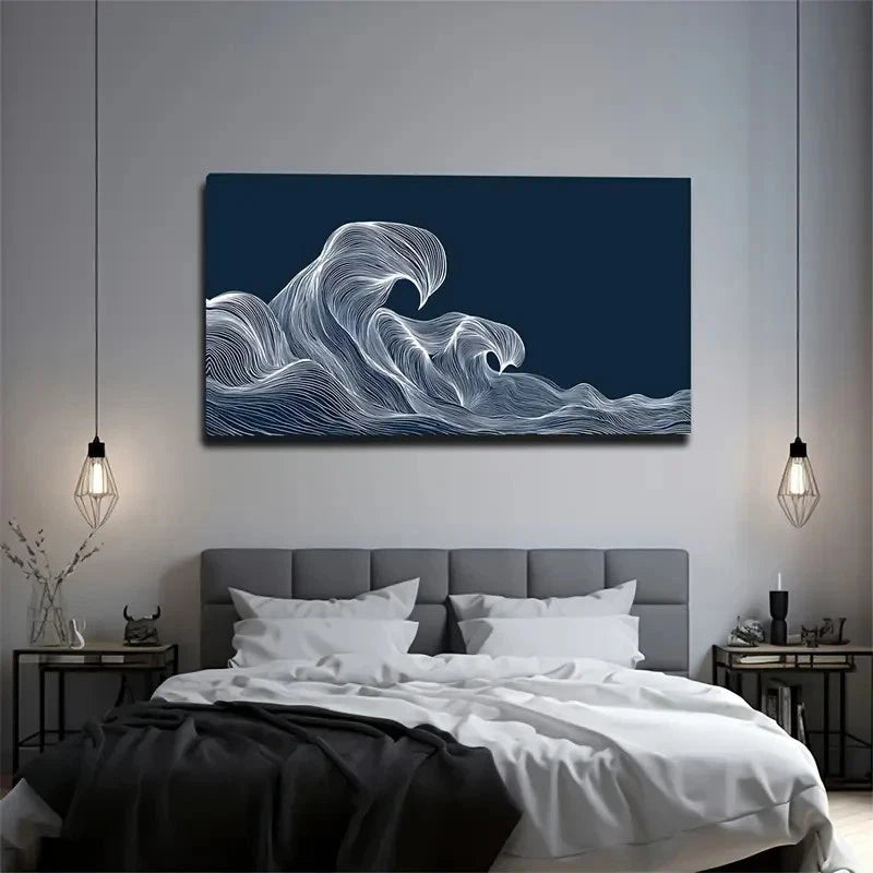 Dark Blue & White Line-Drawn Wall Art Canvas Office Home Room Framed 120x60cm