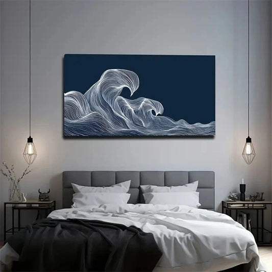 Dark Blue & White Line-Drawn Wall Art Canvas Office Home Room Framed 120x60cm