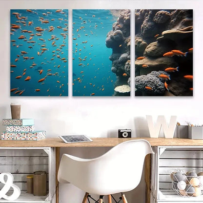 3pcs Underwater Coral Reef Fish Painting Wall Art Set Canvas Framed 50x70cm - High Quality Print 100% Australian Made Wall Canvas Ready to Hang - Bella Home Decor