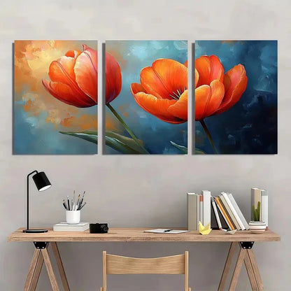 3pcs Vibrant Orange & Red Tulips with Sunset Metal Print Ready to Hang Art - Bella Home Decor