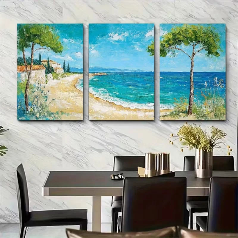 3pcs Mediterranean Beach Painting Metal Print Ready to Hang Art