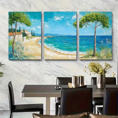 3pcs Mediterranean Beach Painting Metal Print Ready to Hang Art