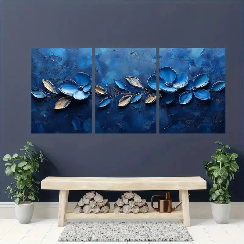 3pcs Featuring Vibrant Blue Flowers and Leaves Metal Print Ready to Hang Art - Bella Home Decor