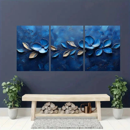 3pcs Featuring Vibrant Blue Flowers and Leaves Metal Print Ready to Hang Art - Bella Home Decor