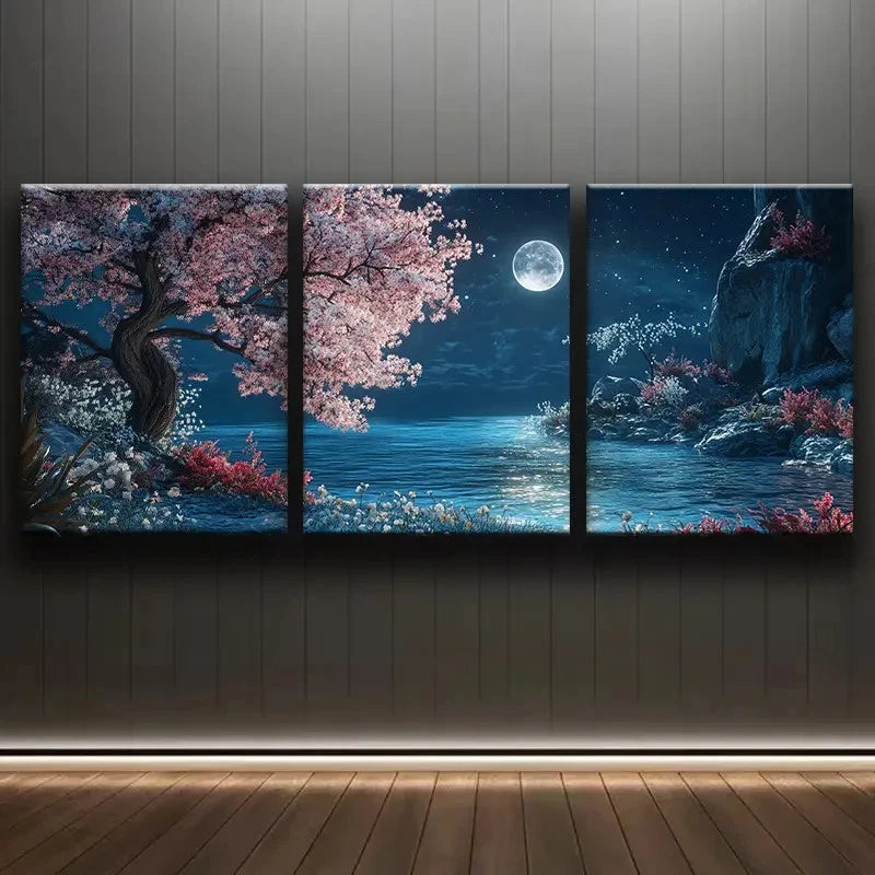 3pcs Pink Blossom Tree and Moon Landscape Metal Print Ready to Hang Art - Bella Home Decor