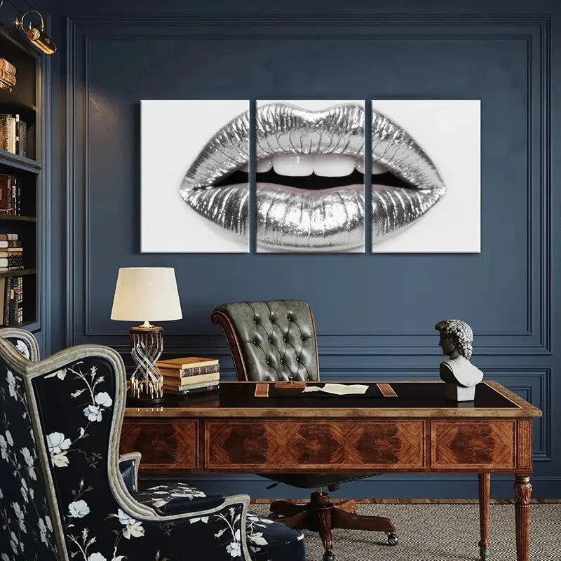 3pcs Silvery Metallic Lips Art Glamorous Design Metal Print Ready to Hang Art - Bella Home Decor