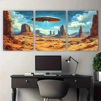 3pcs Vintage UFO Retro Mid-Century Sci-Fi Scene Wall Art Set Canvas Framed 60x90cm - High Quality Print 100% Australian Made Wall Canvas Ready to Hang