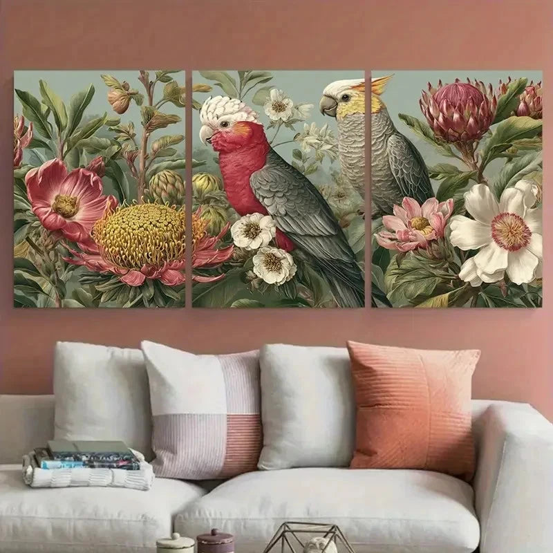 3pcs Melbourne Travel Botanical and Bird Design Wall Art Set Canvas Framed 40x60cm - High Quality Print 100% Australian Made Wall Canvas Ready to Hang