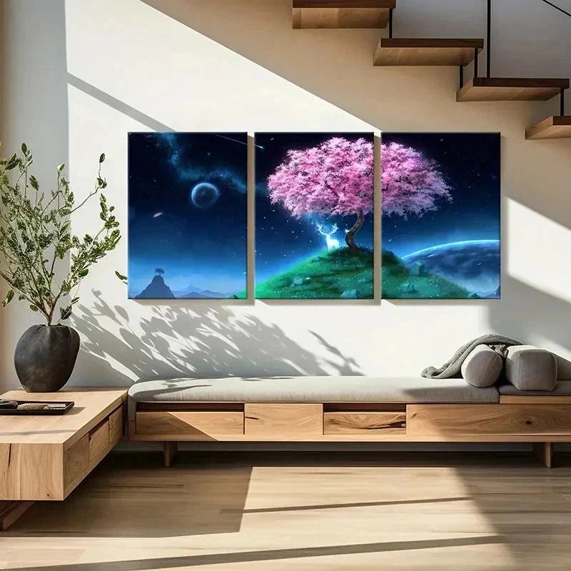 3pcs Sparkling Deer Starry Sky & Cherry Blossom Wall Art Set Canvas Framed 60x90cm - High Quality Print 100% Australian Made Wall Canvas Ready to Hang