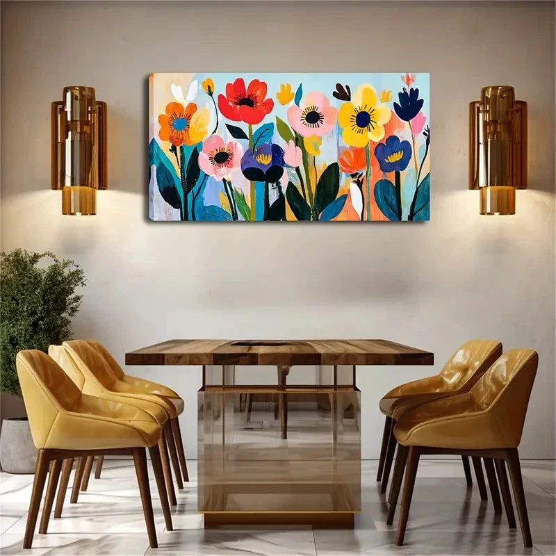 Vibrant Hand-Painted Flowers Wall Art Canvas Office Home Room Framed 120x60cm