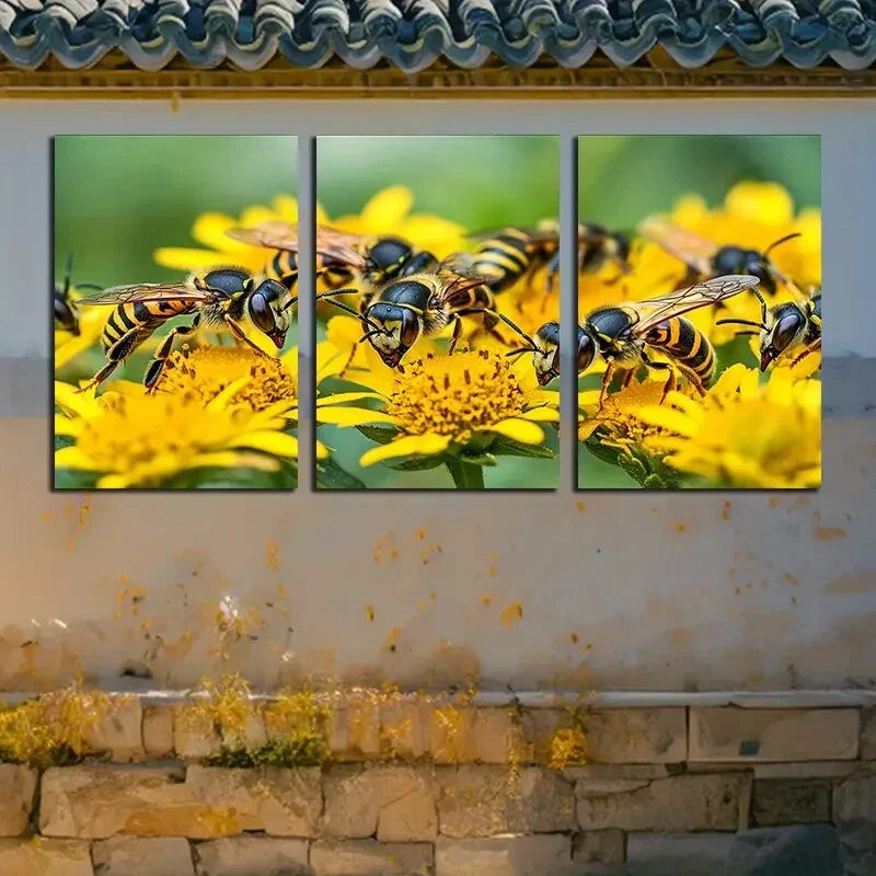 3pcs Group of Wasps on Yellow flowers Metal Print Ready to Hang Art - Bella Home Decor