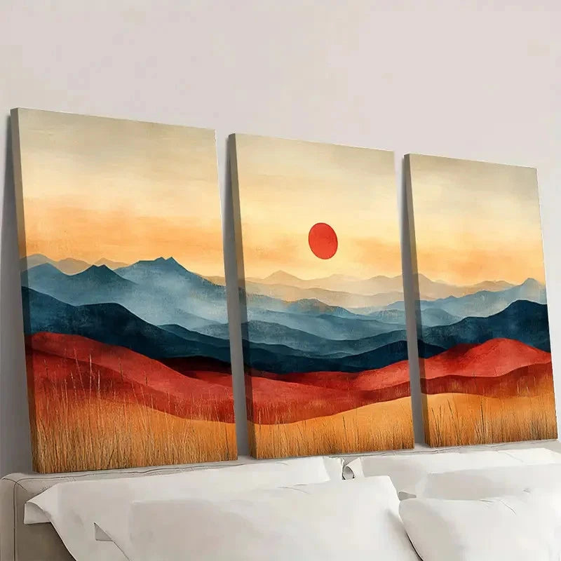 3pcs Brown Pastel Mountains & Sunset ML   Wall Art Set Canvas Framed 50x70cm - High Quality Print 100% Australian Made Wall Canvas Ready to Hang - Bella Home Decor