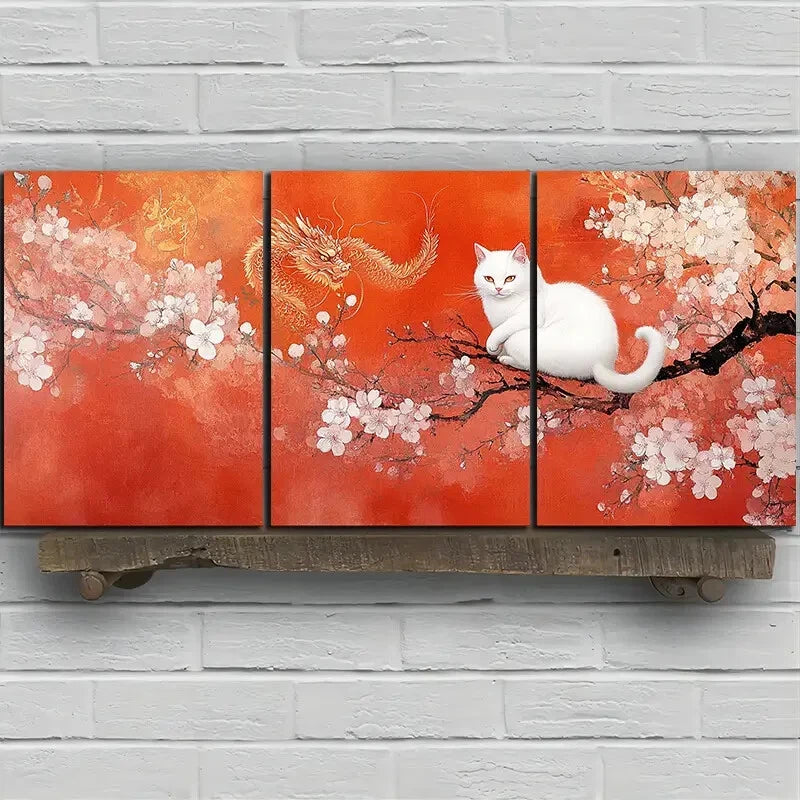 3pcs White Cat On The Cherry Blossom Tree Metal Print Ready to Hang Art - Bella Home Decor