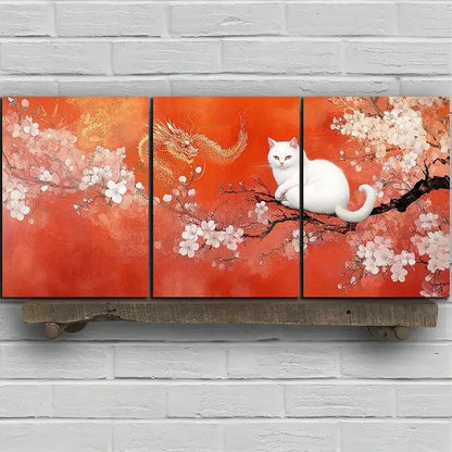 3pcs White Cat On The Cherry Blossom Tree Metal Print Ready to Hang Art - Bella Home Decor