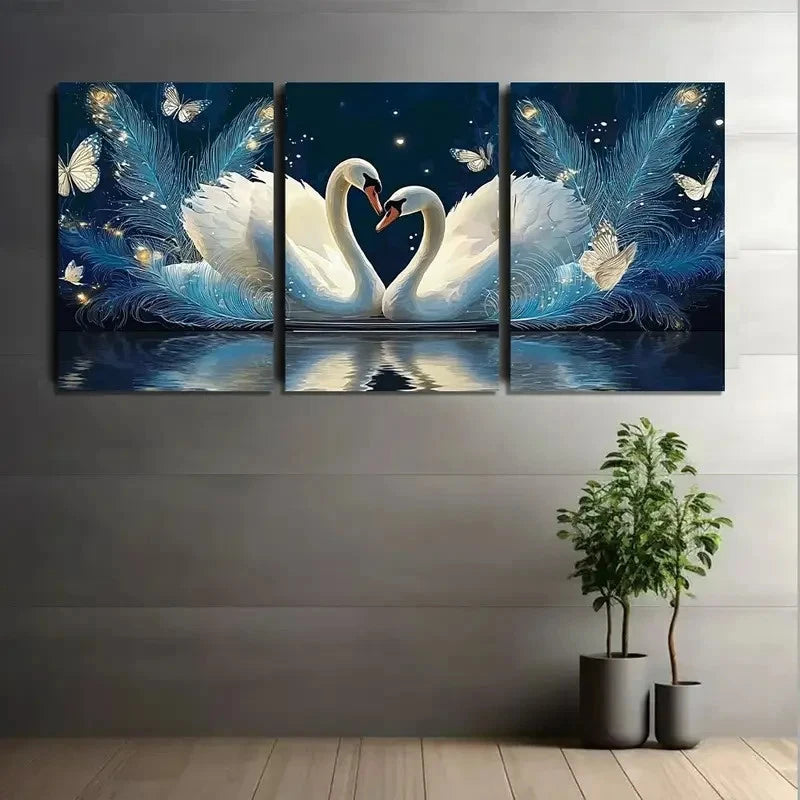3pcs Romantic Swan Love Painting with Heart-Shape Metal Print Ready to Hang Art - Bella Home Decor