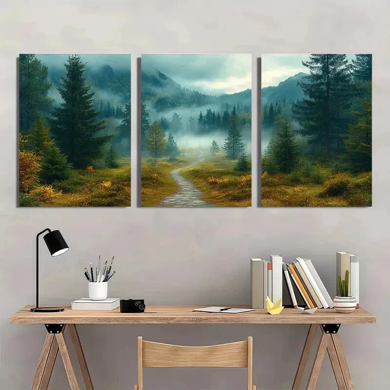 3pcs Mystical Woodland Foggy Trees Landscape Metal Print Ready to Hang Art - Bella Home Decor