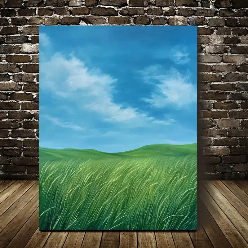 Emerald Wheat Grassland Landscape Painting 40x60cm Metal Print Ready to Hang - Bella Home Decor
