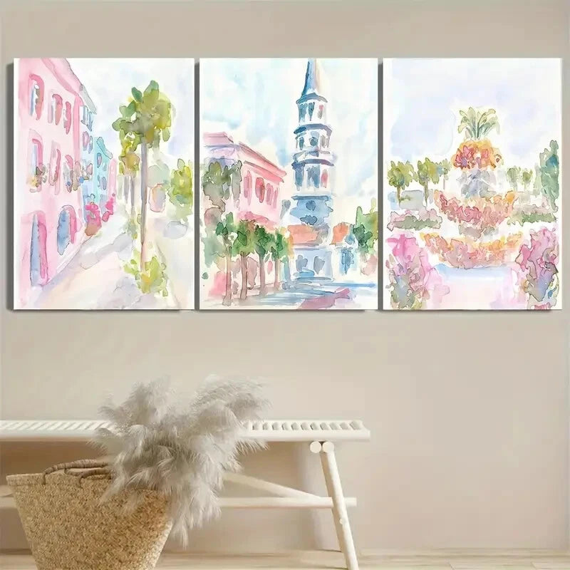 3pcs Charleston South Carolina Pastel Pink Metal Print Ready to Hang Art - Bella Home Decor