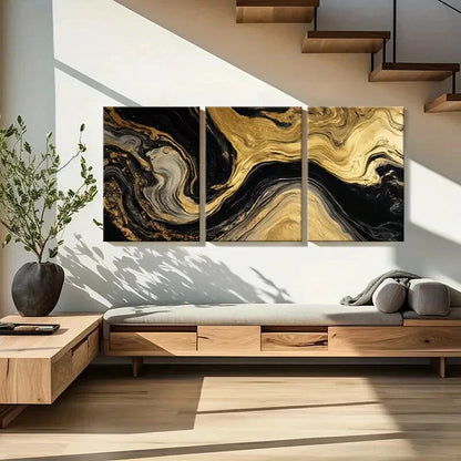 3pcs Abstract Art Golden Black Waves Poster Metal Print Ready to Hang Art - Bella Home Decor