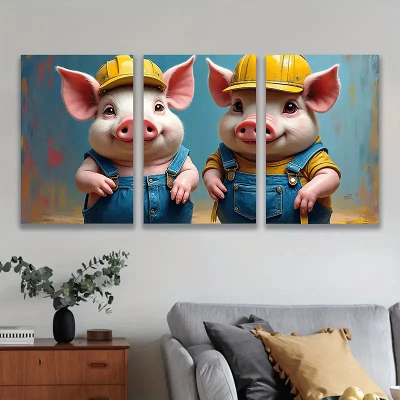 3pcs Funny Pig Illustration Wall Art Set Canvas Framed 60x90cm - High Quality Print 100% Australian Made Wall Canvas Ready to Hang - Bella Home Decor