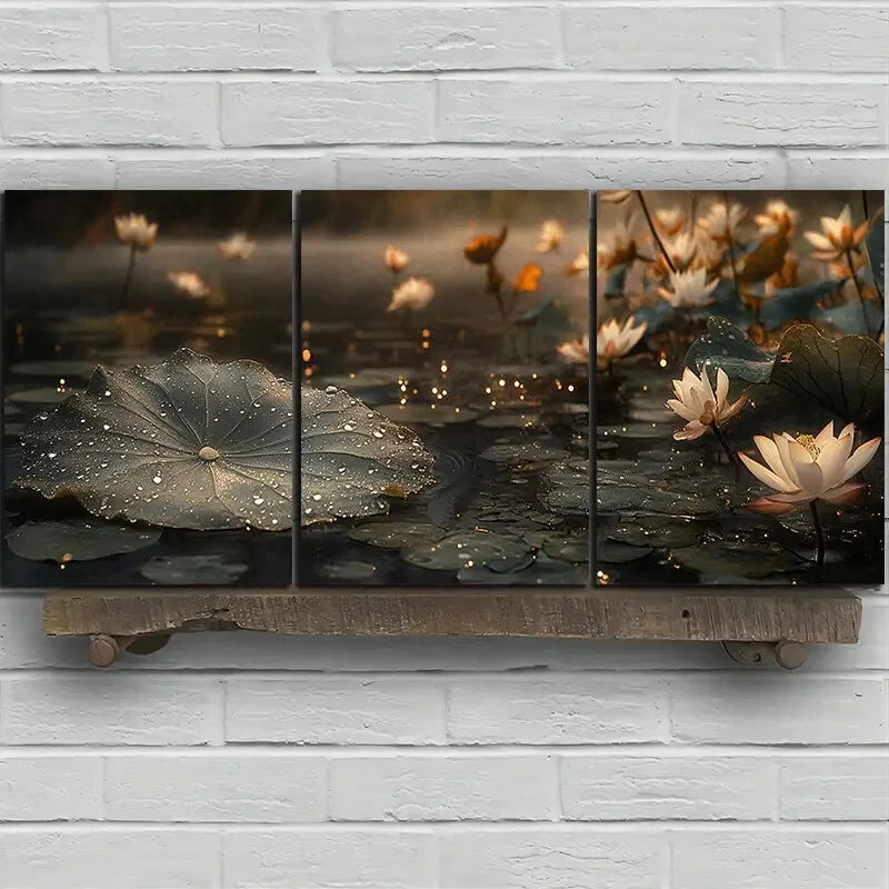 3pcs Leaves Adorned with Dewdrops Painting Metal Print Ready to Hang Art - Bella Home Decor