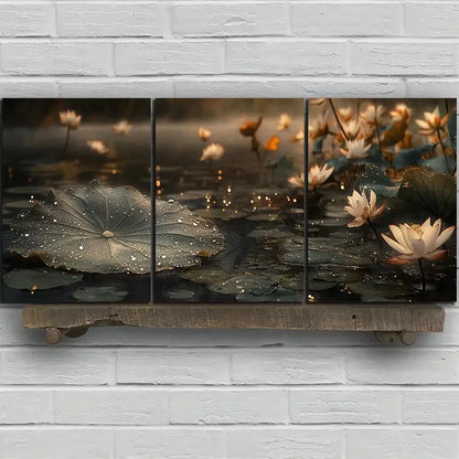 3pcs Leaves Adorned with Dewdrops Painting Metal Print Ready to Hang Art - Bella Home Decor