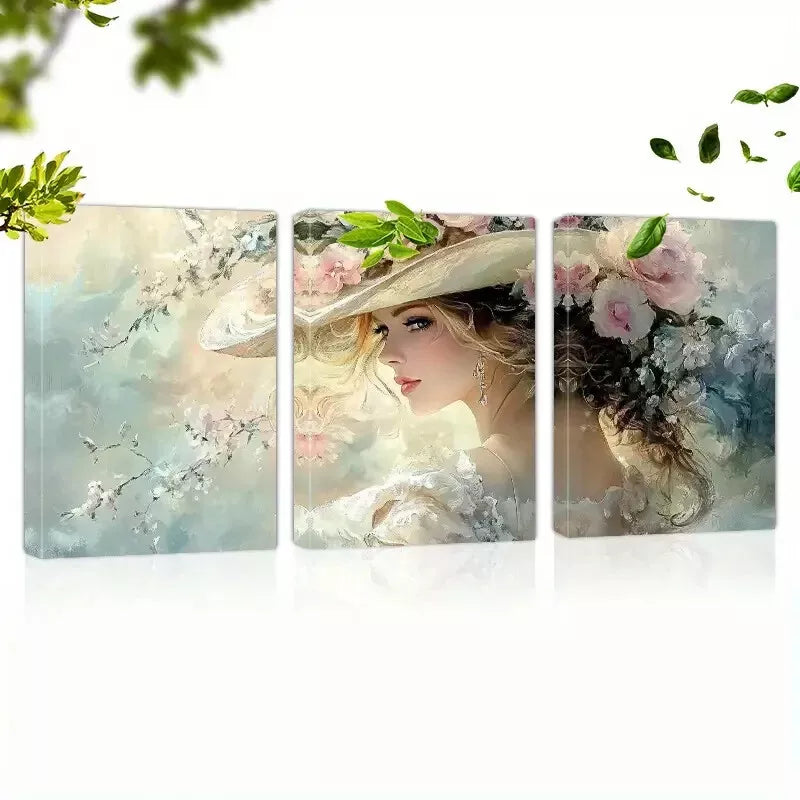 3pcsBeautiful Fashion Lady with Floral Hat Art Set Canvas Framed 50x70cm - High Quality Print 100% Australian Made Wall Canvas Ready to Hang