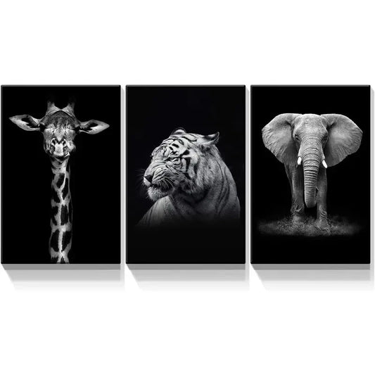 3pcs Giraffe Tiger and Elephant Picture Metal Print Ready to Hang Art