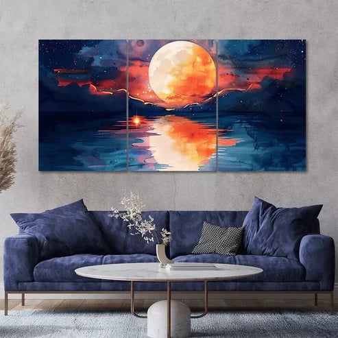 Red Full Moon Rising 3 Piece Painting Style Art Canvas Framed 60x90cm - High Quality Print 100% Australian Made Wall Canvas Ready to Hang