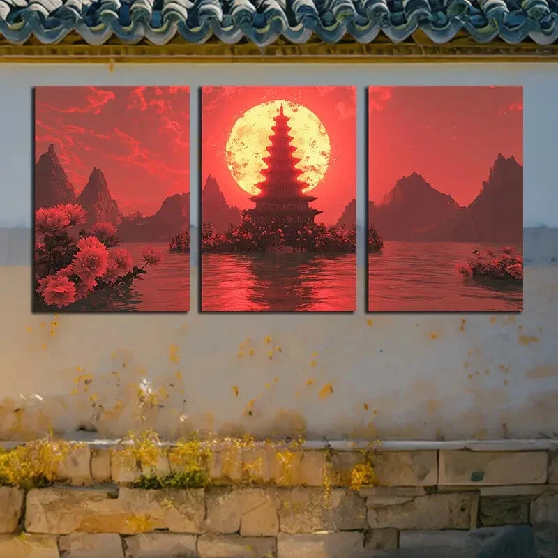 3pcs Vibrant Ancient Pagoda and Moon Metal Print Ready to Hang Art - Bella Home Decor