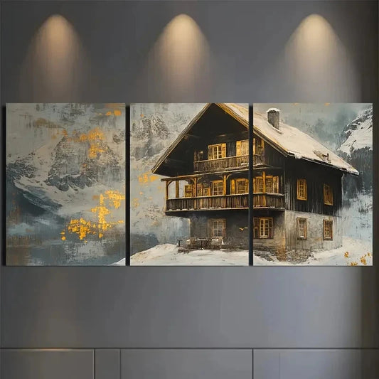 3pcs Alpine Chalet at Twilight AC Wall Art Set Canvas Framed 50x70cm - High Quality Print 100% Australian Made Wall Canvas Ready to Hang