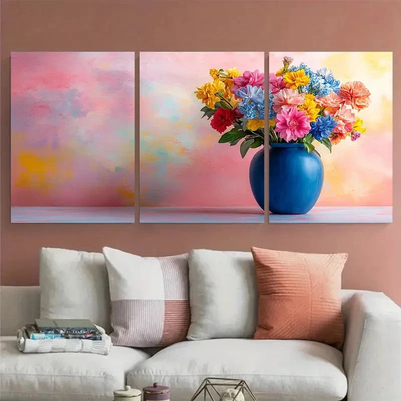 3pcs Flowers in a Blue Vase Minimalist Still Life Metal Print Ready to Hang Art - Bella Home Decor