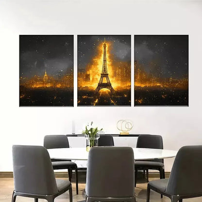 3pcs The Eiffel Tower with a Golden Glow Wall Art Set Canvas Framed 40x60cm - High Quality Print 100% Australian Made Wall Canvas Ready to Hang