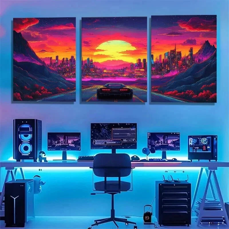 3pcs Futuristic Retro Neon Supercar Perfect Wall Art Set Canvas Framed 60x90cm - High Quality Print 100% Australian Made Wall Canvas Ready to Hang - Bella Home Decor