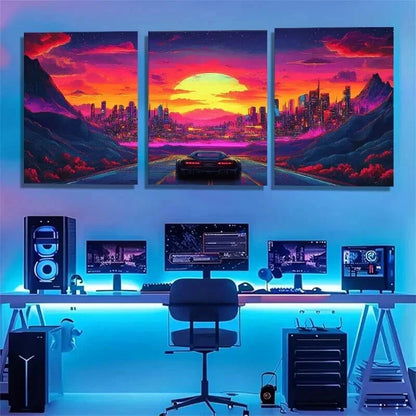 3pcs Futuristic Retro Neon Supercar Perfect Wall Art Set Canvas Framed 60x90cm - High Quality Print 100% Australian Made Wall Canvas Ready to Hang - Bella Home Decor