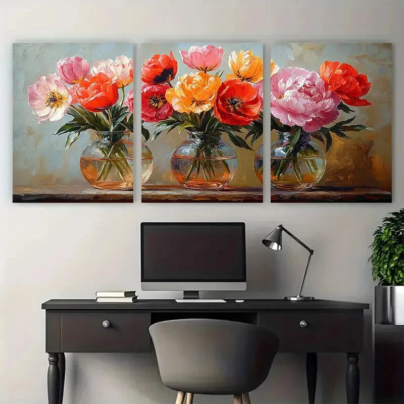 3pcs Still Life Tulip Poppy Peony Flowers in Glass Metal Print Ready to Hang Art - Bella Home Decor