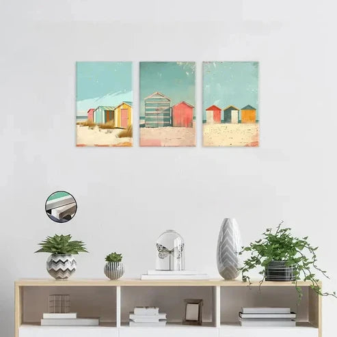 3pcs Decor Coastal Beach Huts Wall Art Canvas Unframed - High Quality Print 100% Australian Made Wall Canvas - Bella Home Decor