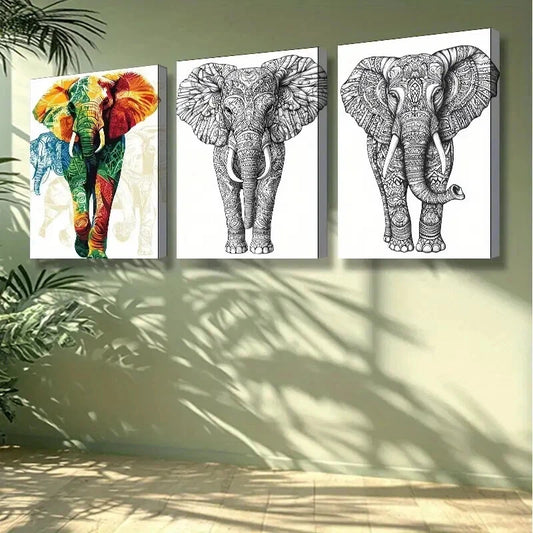 3pcs Stylized elephant Art Painting Wall Art Set Canvas Framed 50x70cm - High Quality Print 100% Australian Made Wall Canvas Ready to Hang