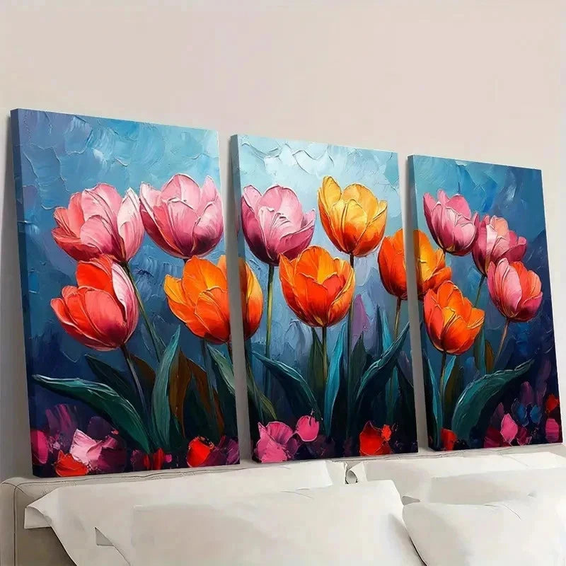 3pcs Vibrant Tulip Impasto Style TY  Wall Art Set Canvas Framed 50x70cm - High Quality Print 100% Australian Made Wall Canvas Ready to Hang - Bella Home Decor