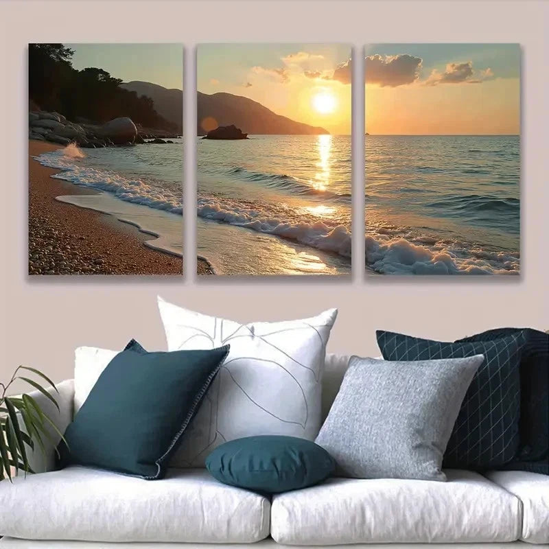 3pcs Sunset On The Rocks Wall Art Set Canvas Framed 50x70cm - High Quality Print 100% Australian Made Wall Canvas Ready to Hang