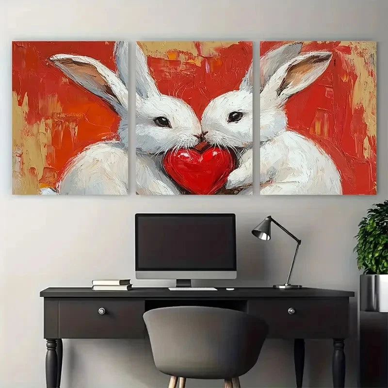3pcs White Bunny with Heart Pet Portrait Wall Art Set Canvas Framed 40x60cm - High Quality Print 100% Australian Made Wall Canvas Ready to Hang - Bella Home Decor