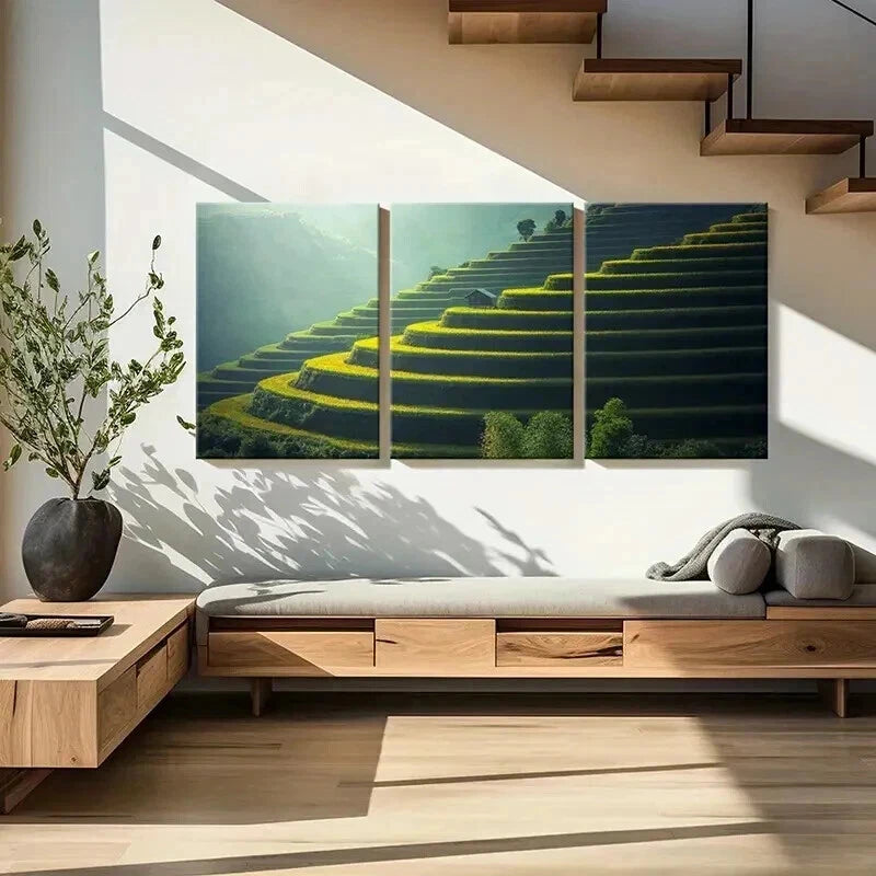 3pcs Green Geometric Terraced Fields Wall Art Set Canvas Framed 40x60cm - High Quality Print 100% Australian Made Wall Canvas Ready to Hang - Bella Home Decor