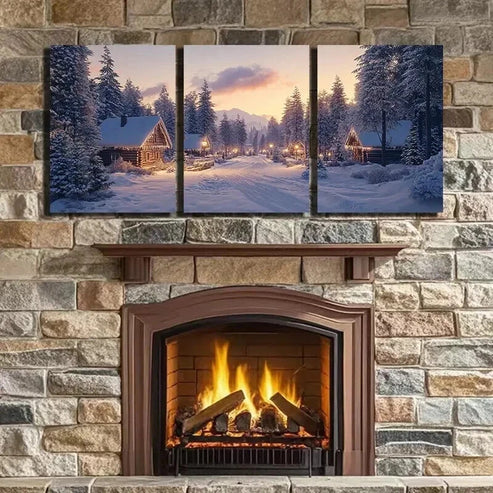 3pcs Houses in the Snow Mountain  Wall Art Set Canvas Unframed - High Quality Print 100% Australian Made Wall Canvas