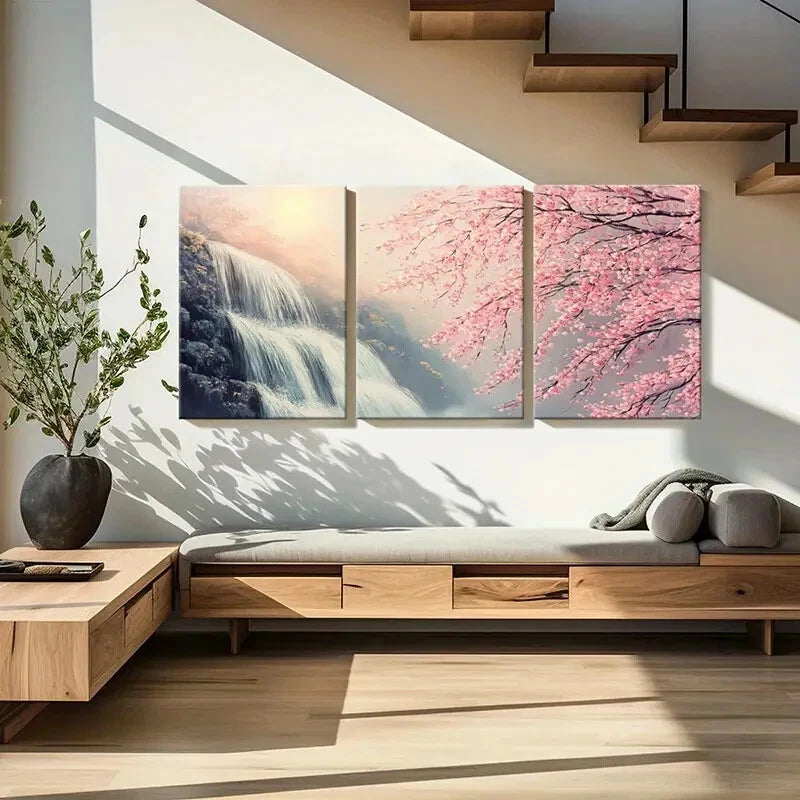 3pcs Spring Blossom Waterfall Nature Scenery Art Metal Print Ready to Hang Art - Bella Home Decor