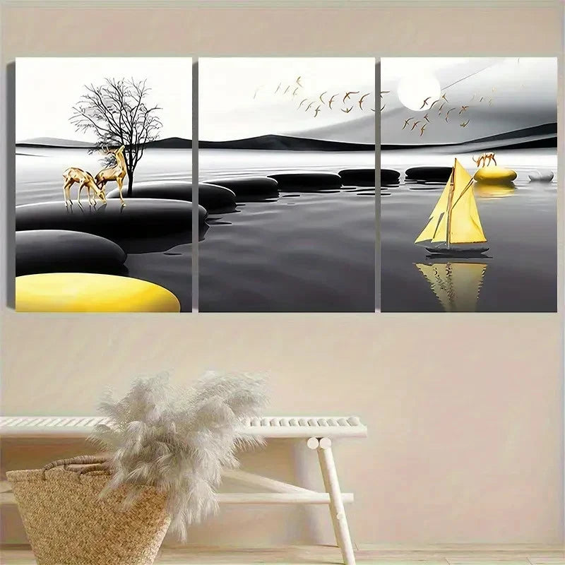 3pcs Surreal Desert Oasis Scene Wall Art Set Canvas Framed 60x90cm - High Quality Print 100% Australian Made Wall Canvas Ready to Hang