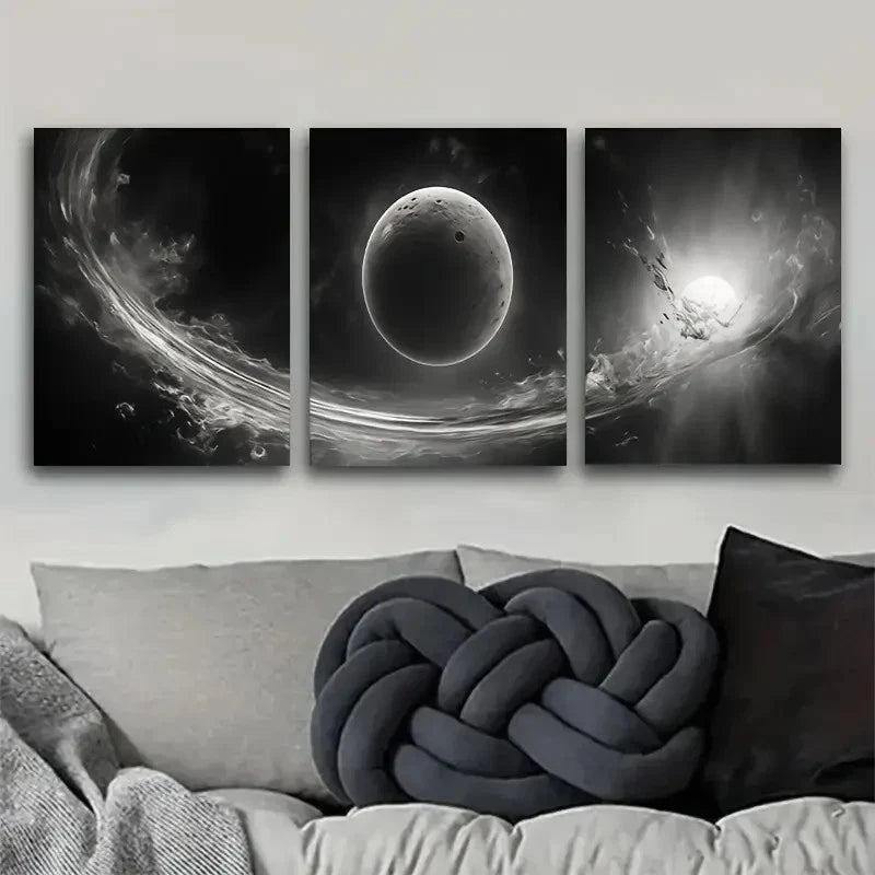 3pcs Celestial Wonder Black and White Abstract Metal Print Ready to Hang Art - Bella Home Decor
