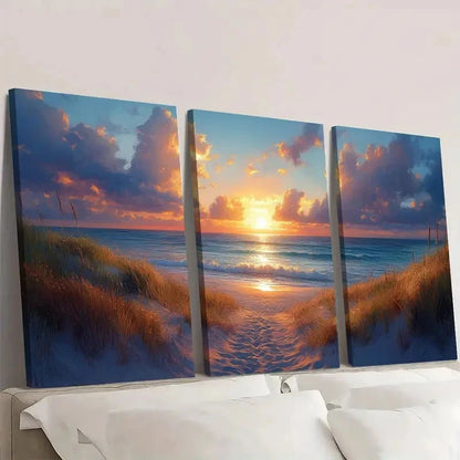 3pcs Lateral Beach Sunset Modern Landscape D Wall Art Set Canvas Framed 50x70cm - High Quality Print 100% Australian Made Wall Canvas Ready to Hang