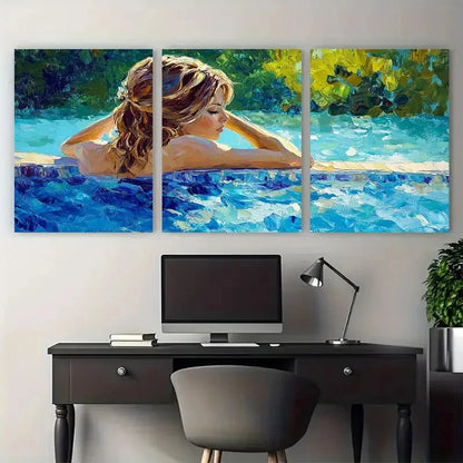 3pcs Woman by Pool Relaxing Summer Tranquility Wall Art Set Canvas Framed 60x90cm - High Quality Print 100% Australian Made Wall Canvas Ready to Hang