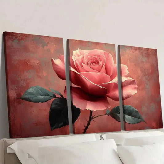 3pcs Large Pink Rose and Green Leaves Z Wall Art Set Canvas Framed 40x60cm - High Quality Print 100% Australian Made Wall Canvas Ready to Hang