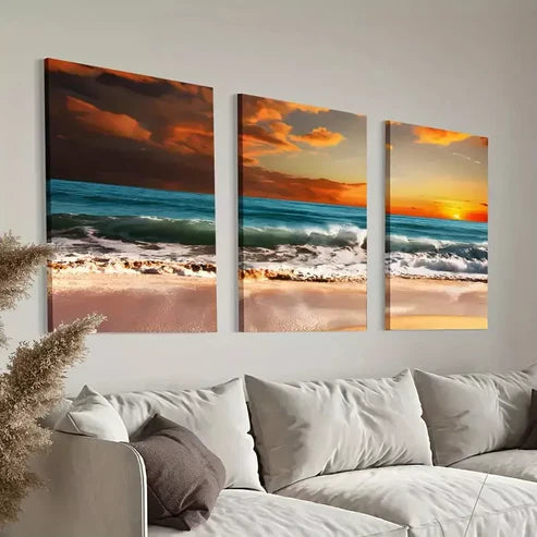 3pcs Sunset Ocean Wave Beach Wall Art Canvas Unframed - High Quality Print 100% Australian Made Wall Canvas